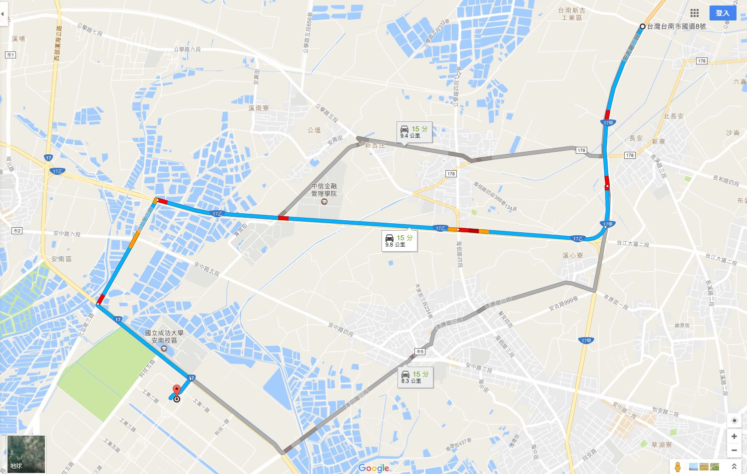 Google地圖行經國道8號的路線導航