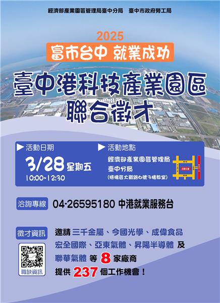 就業助攻 臺中港科技產業園區聯合徵才(3月28日臺中港科技產業園區聯合徵才活動海報)