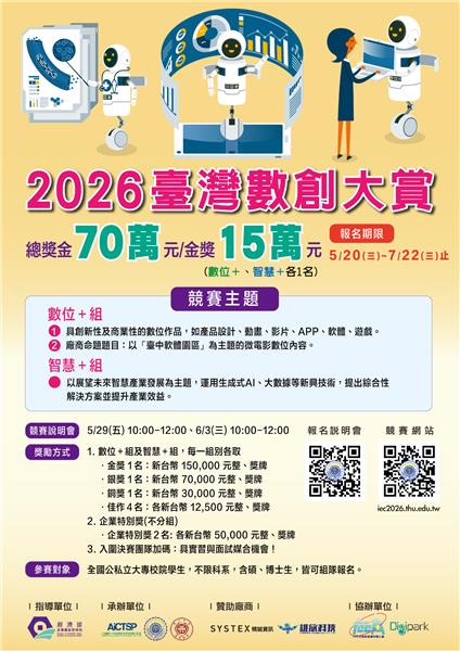 數位創新競賽啟動 2026臺灣數創大賞徵件總獎金70萬元(活動海報)