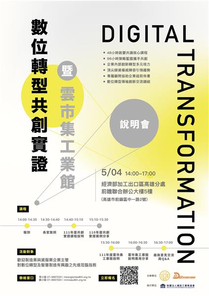 科技產業園區助南部傳產數位轉型 全國首創「數位轉型共創實證課程」招生中！ (第二屆數位轉型共創實證課程5月4日說明會電子文宣)